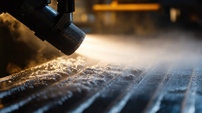 Close-up of industrial sandblasting process on metal surface. - Powered by Adobe