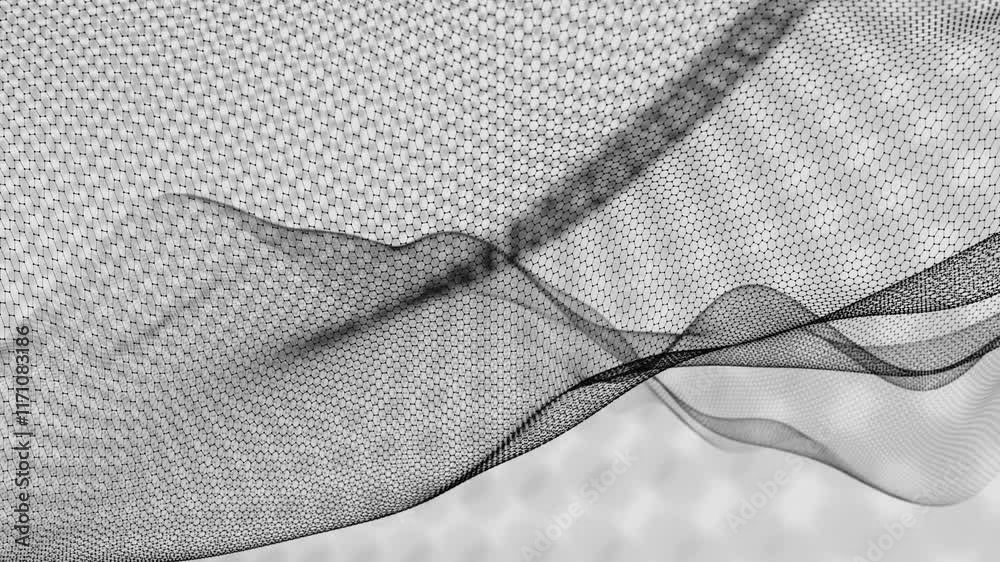 Poster Hexagonal Mesh Pattern with Flowing Abstract Waves in Black and White