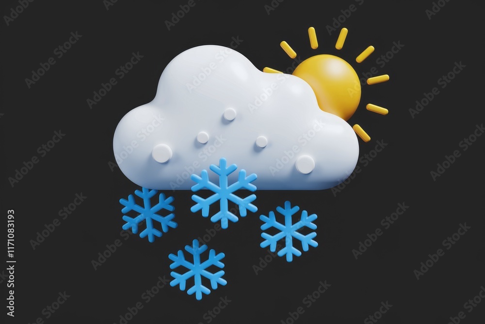 Poster 3d render of a partly sunny weather icon with snowflakes falling, symbolizing wintry weather.