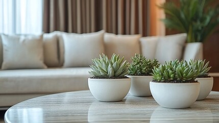 Fototapeta premium Succulents in white pots on a marble coffee table in a modern living room.
