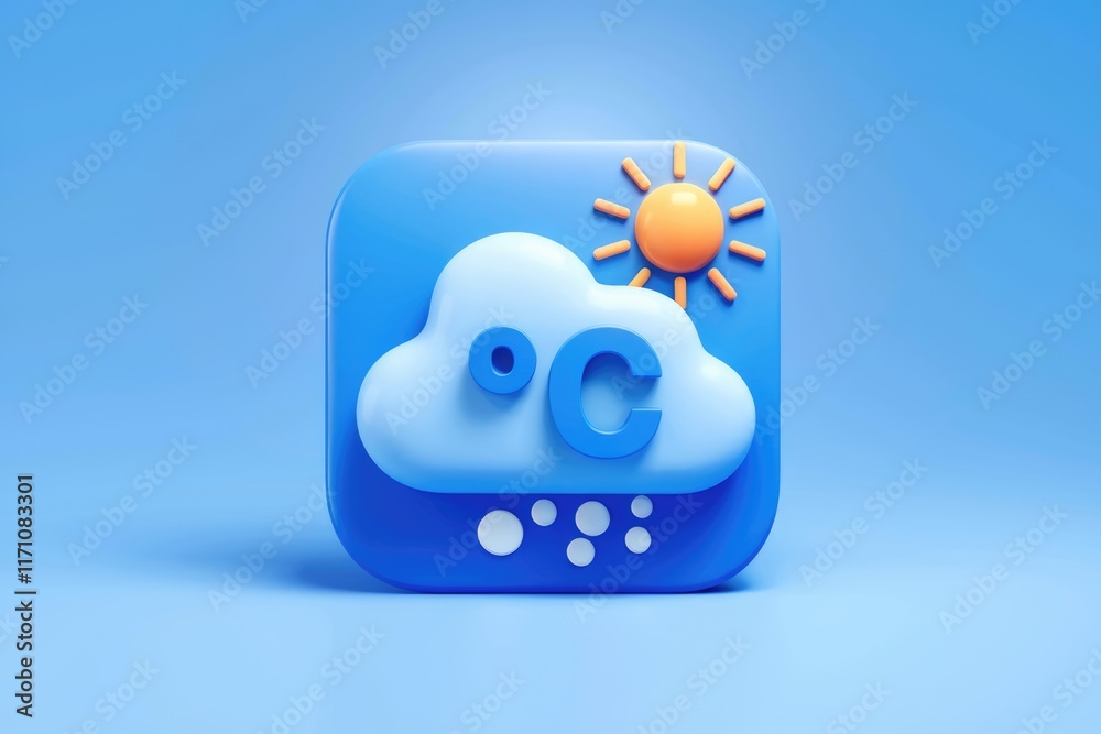 Poster A 3D weather app icon depicting partly sunny conditions with a chance of snow and Celsius temperature display.