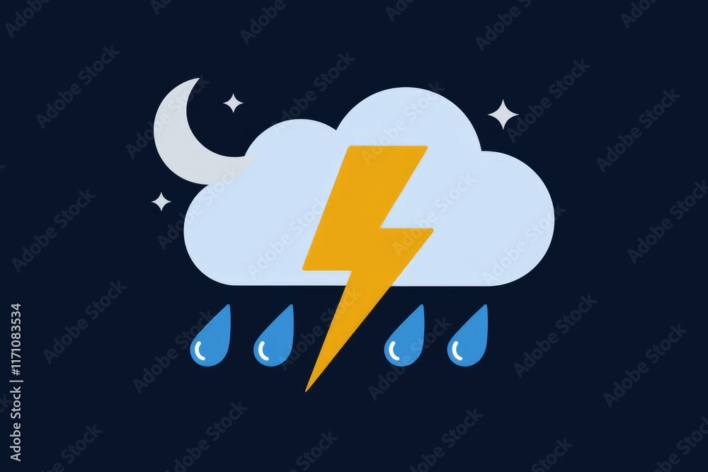 Poster night thunderstorm with rain; a stylized illustration of a cloud with lightning and rain.
