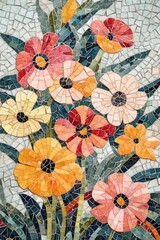 Colorful mosaic flowers create vibrant, textured artwork full of