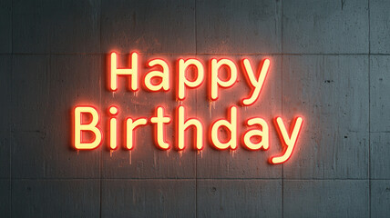 Obraz premium Happy birthday graffiti concept, Happy birthday neon sign on concrete wall, celebrating joyfully