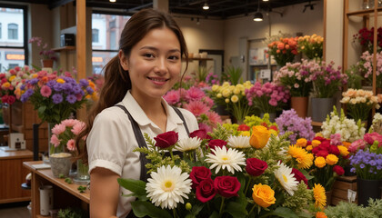 Smiling florist woman holding a beautiful bouquet in a flower shop filled with blooms
