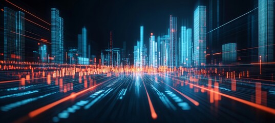 Fototapeta premium Abstract Cityscape With Light Beams, Representing Marketing Strategies And Futuristic Technology
