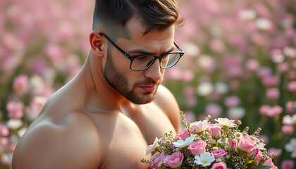 Obraz premium handsome nerd man in flower field