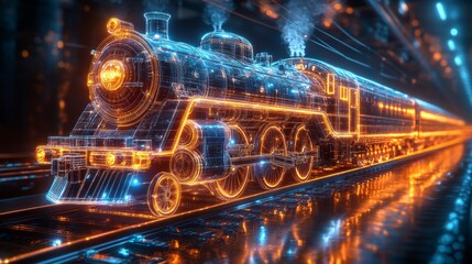 Futuristic glowing wireframe steam train speeding on tracks.