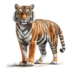 Fototapeta premium A tiger stands in front of a white background. The tiger is the main focus of the image, and it is looking directly at the camera. The tiger's stripes are prominent, and it seems to be a beautiful