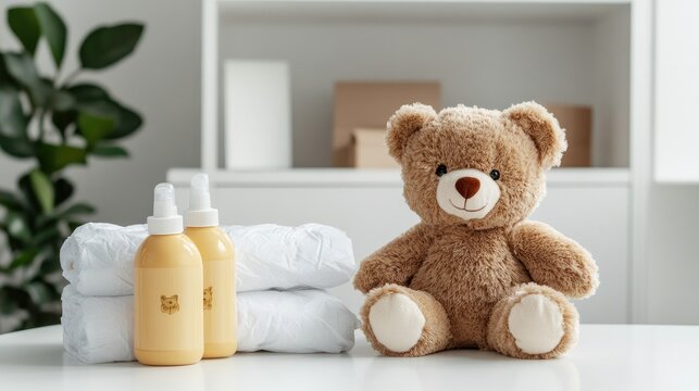 Cuddly teddy bear sits next to baby bottles and neatly arranged nappies on a table, illuminated by natural light against a white backdrop