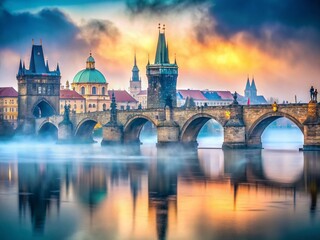 Obraz premium Prague Charles Bridge Foggy Vltava River Panoramic View - Stunning Long Exposure Photography