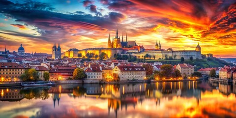 Fototapeta premium Prague Sunset Panoramic Double Exposure: Cityscape & Abstract Art