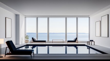 Fototapeta premium Modern minimalist interior space featuring luxurious pool and stunning view of tranquil water landscape