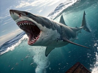 Fototapeta premium Prehistoric Megalodon Shark Drawing - Powerful Jaws, Right Composition, Copy Space