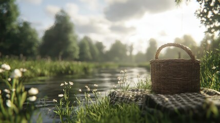 Serene Afternoon by a Tranquil Stream with a Woven Basket Surrounded by Lush Greenery and Blooms