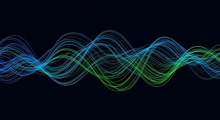 Vector Abstract Light Lines in Wavy, Flowing Dynamic Patterns of Blue and Green, Isolated on Black Background, Representing AI Technology, Digital Communication, and Futuristic Innovation Concepts