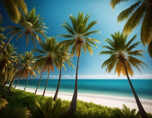Fototapeta premium Serene tropical beach lined with palm trees