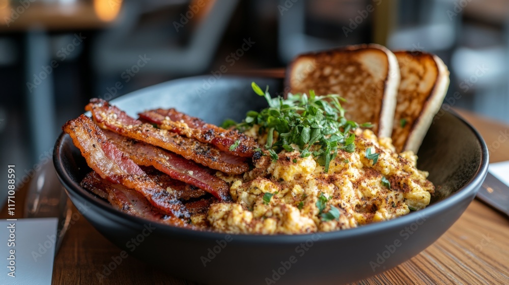 Poster A breakfast plate with crispy bacon strips, scrambled eggs, and toast, served on a rustic table with natural light.