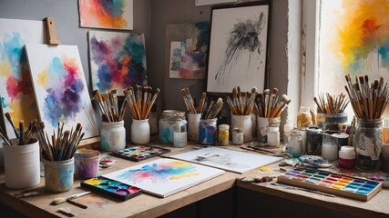 Artist's Watercolor Studio: Vibrant Hues and Creative Tools