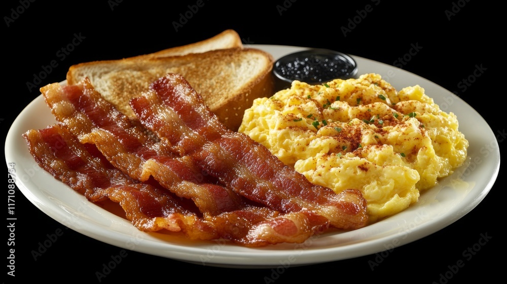 Poster A breakfast plate with crispy bacon strips, scrambled eggs, and toast, served on a rustic table with natural light.