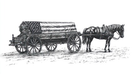Naklejka premium A horse-drawn wagon draped with an American flag, symbolizing heritage and tradition.
