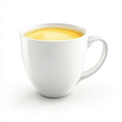 Fototapeta premium A white coffee cup with a yellow liquid in it. The cup is sitting on a white background