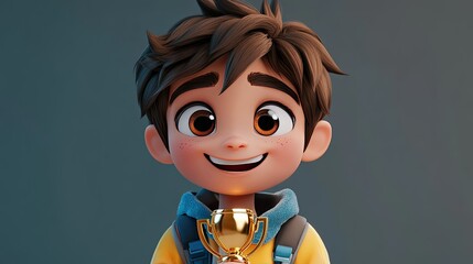 Happy cartoon boy holding a trophy.