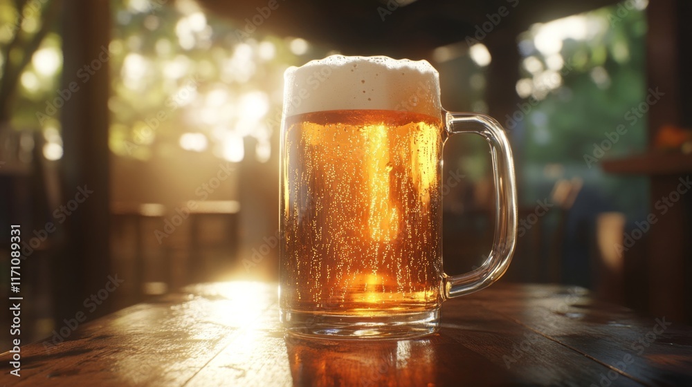 Poster a classic beer mug filled with cold, golden beer and a thick layer of foam, resting on a wooden tabl