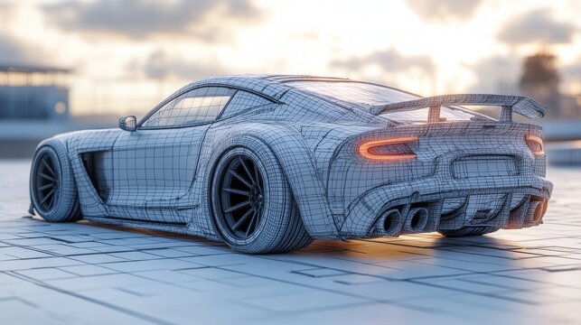 Rear view of a futuristic sports car concept, wireframe model on a track at sunset.