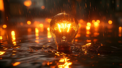 Illuminated bulb in rain, city background, idea concept, website banner