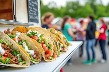 Food trucks offer gourmet cuisine on-the-go. Delicious tacos displayed at a vibrant food truck event.