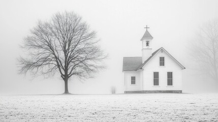 Serene White Church in Foggy Landscape with Leafless Tree and Snowy Ground