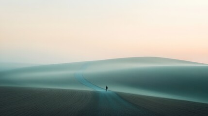Solitary figure walks through vast, hazy dunes under soft pastel