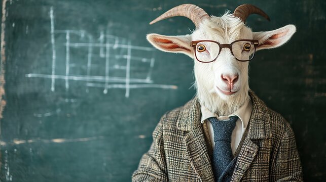 Professional goat in glasses stands confidently in front of chal