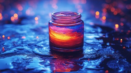 Painted glass jar with sunset scene, reflecting on wet surface with bokeh lights.