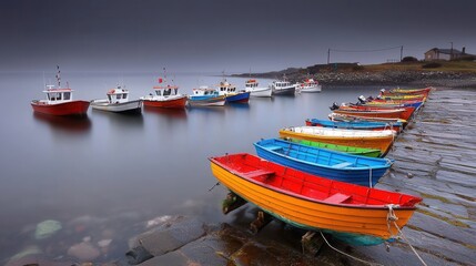 Fototapeta premium Colorful Fishing Boats Moored on Calm Waters with Misty Horizon in Coastal Landscape
