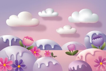 Obraz premium Whimsical landscape with pastel hills, flowers, and fluffy clouds in a dreamy atmosphere.