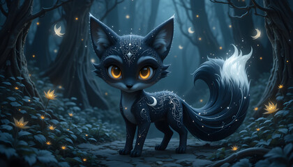 Celestial fox in enchanted forest at night.