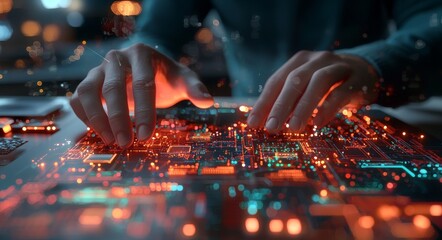 Naklejka premium A cutting-edge system that bridges people and intelligent devices. It harnesses futuristic technology for networking, data exchanges, and integrating the computer industry with developments in