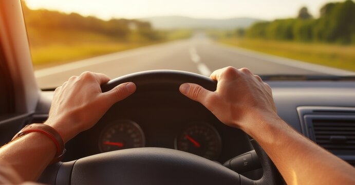 On a road trip, the driver's hands firmly grasp the steering wheel while navigating the highway
