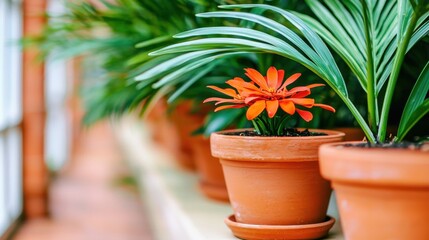 Fototapeta premium Vibrant Indoor Flower with Green Foliage in Pots on a Sunshine-Filled Windowsill Surface