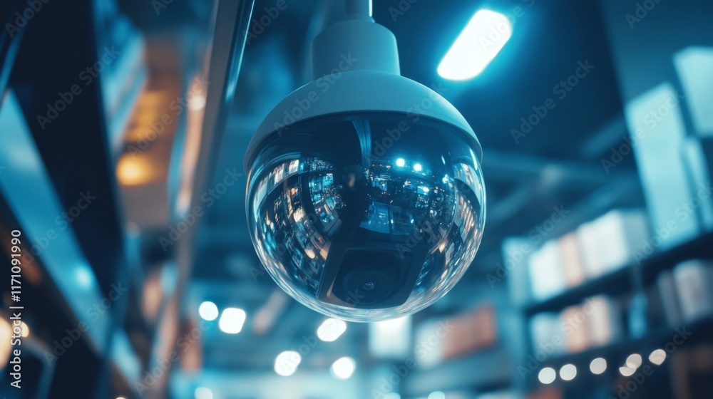 Poster A close-up of a dome-shaped CCTV camera installed in a retail store, with reflections of products visible on the camera lens, emphasizing security in shopping environments.