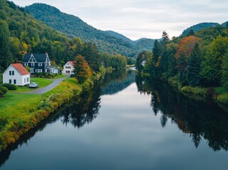 Fototapeta premium An aerial drone captures the stunning fall colors in the Blue Ridge range of the Appalachian Mountains near Asheville, North Carolina, where the vibrant red, yellow, and orange leaves are lined up
