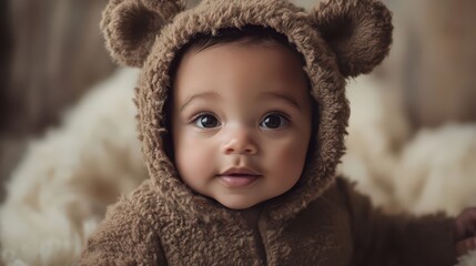 Adorable Baby in Bear Hoodie Smiling at the Camera