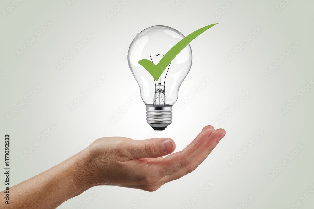 Poster a hand gently holds a lightbulb with a green checkmark, symbolizing a brilliant, approved idea.