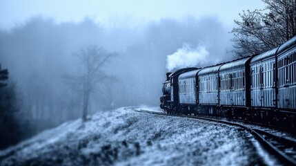 Obraz premium Vintage Steam Train Navigating Through Misty Winter Landscape in Enchanting Forest Setting