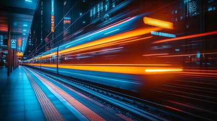 Fototapeta premium High-speed train at night, motion blur, vibrant colors, city lights.