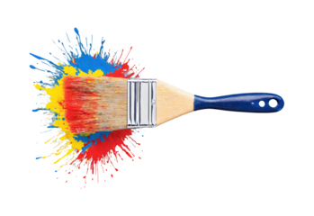 An abstract representation of a paintbrush, with its bristles splattering vivid colors like red, blue, and yellow in all directions.