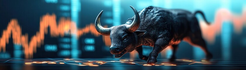 Fototapeta premium Bull charging through a storm of glowing stock symbols, aggressive market trends representation