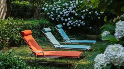 Colorful lounge chairs arranged on serene garden lawn surrounded